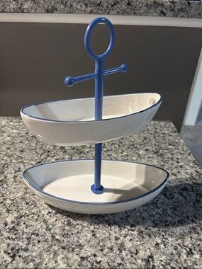 Blue-Trim Two-Tier Ceramic Serving Stand - Nautical Theme